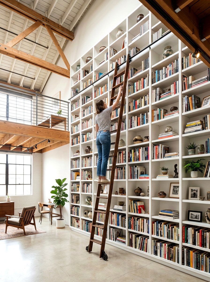 Ceiling Height Bookcase Storage - 30 studio apartment storage ideas