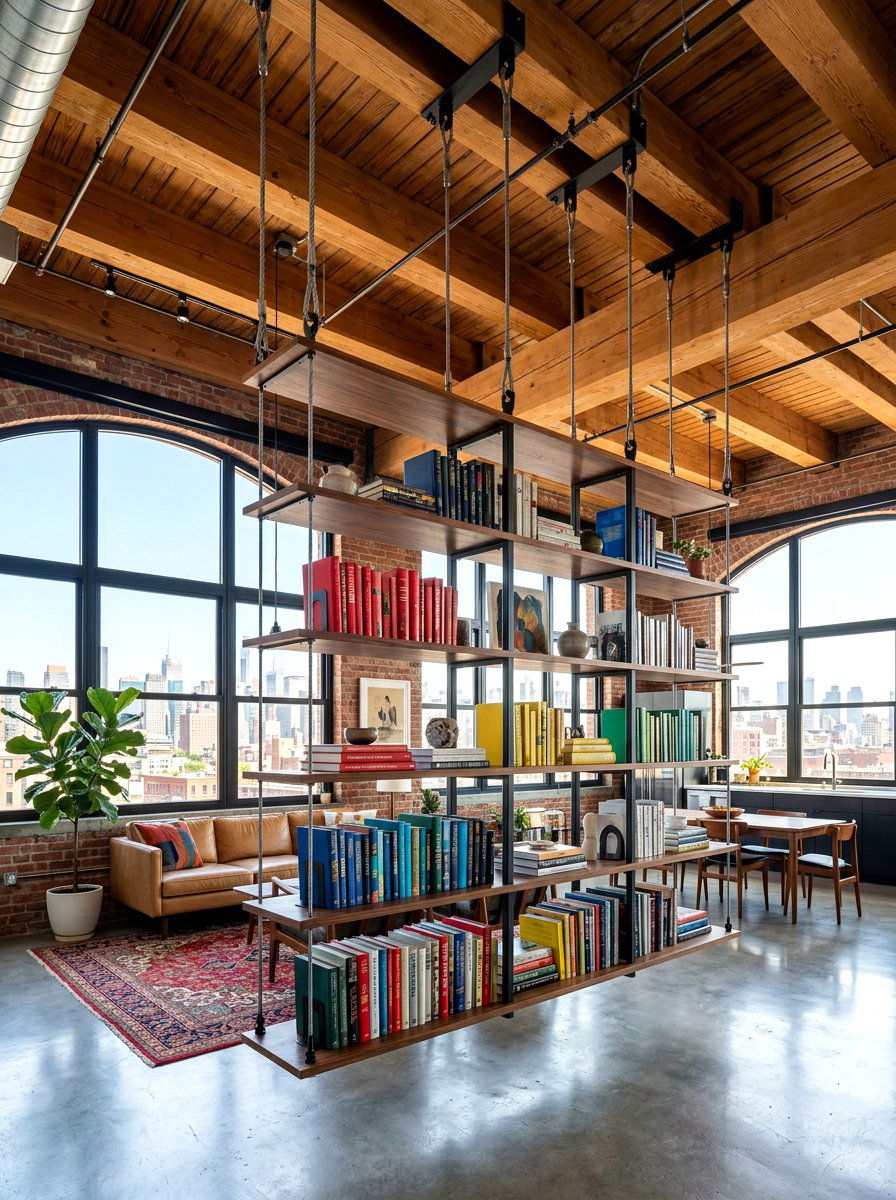 Ceiling Hung Bookshelf Divider - 30 bookshelf divider apartment ideas