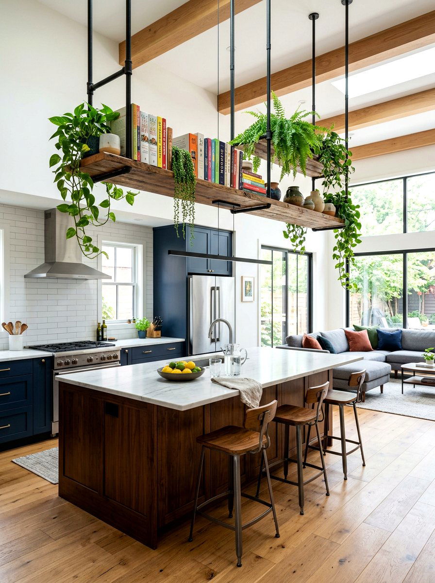 Ceiling Hung Shelf - 30 cookbook kitchen shelf ideas