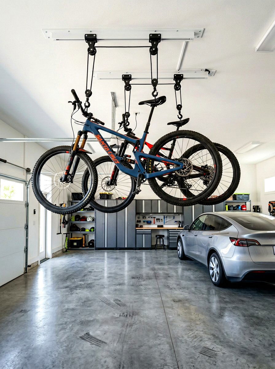 Ceiling Mounted Bike Hoist - 30 garage storage ideas