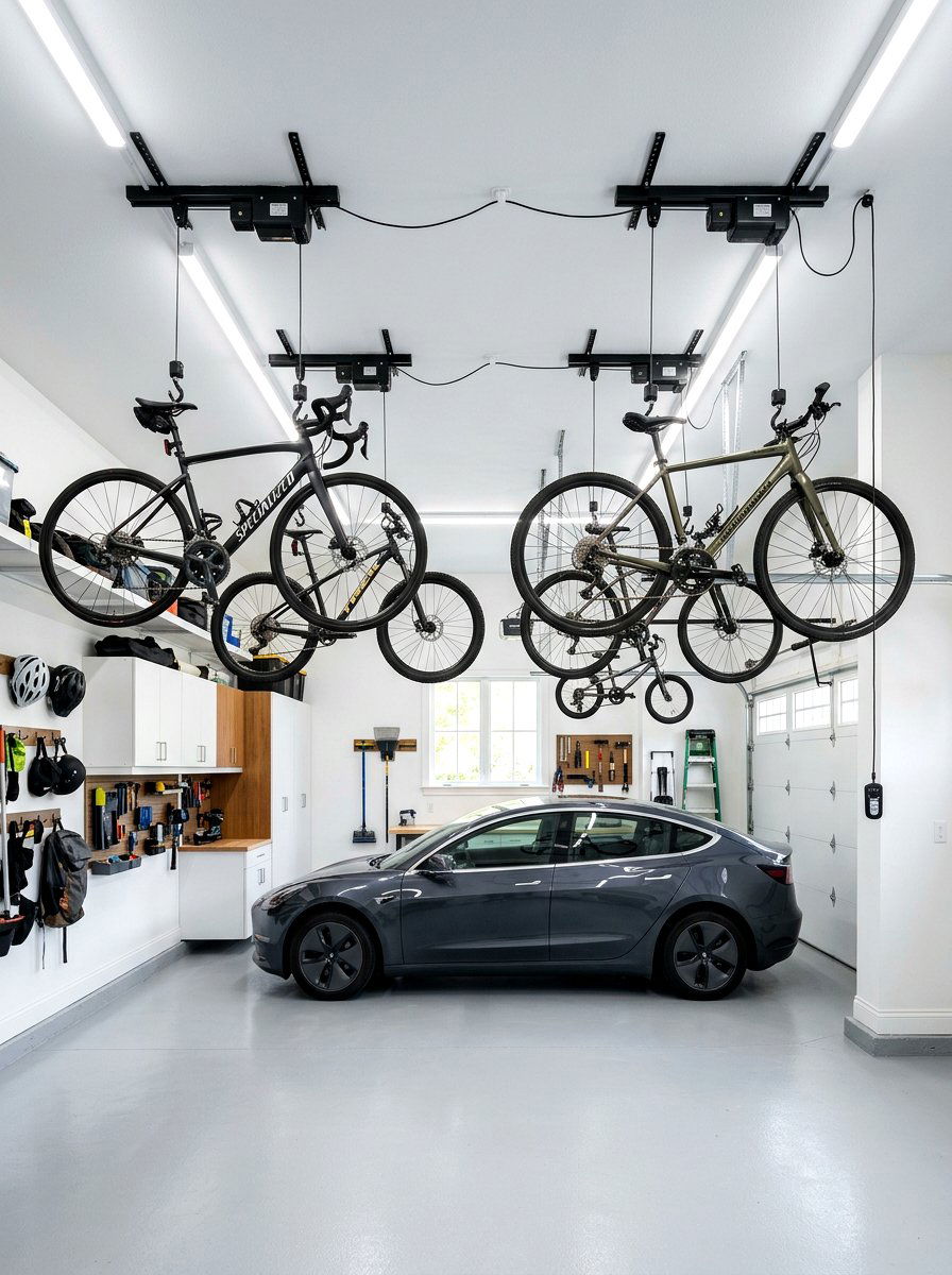 Ceiling Mounted Bike Lift - 30 garage makeover ideas