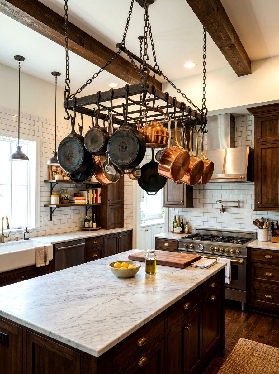 Ceiling Mounted Iron Rack - 30 hanging pot rack ideas