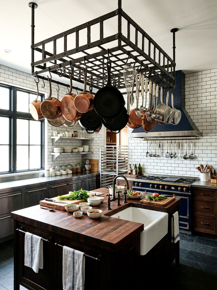 Ceiling Mounted Pot Rack - 30 Paris cafe kitchen ideas