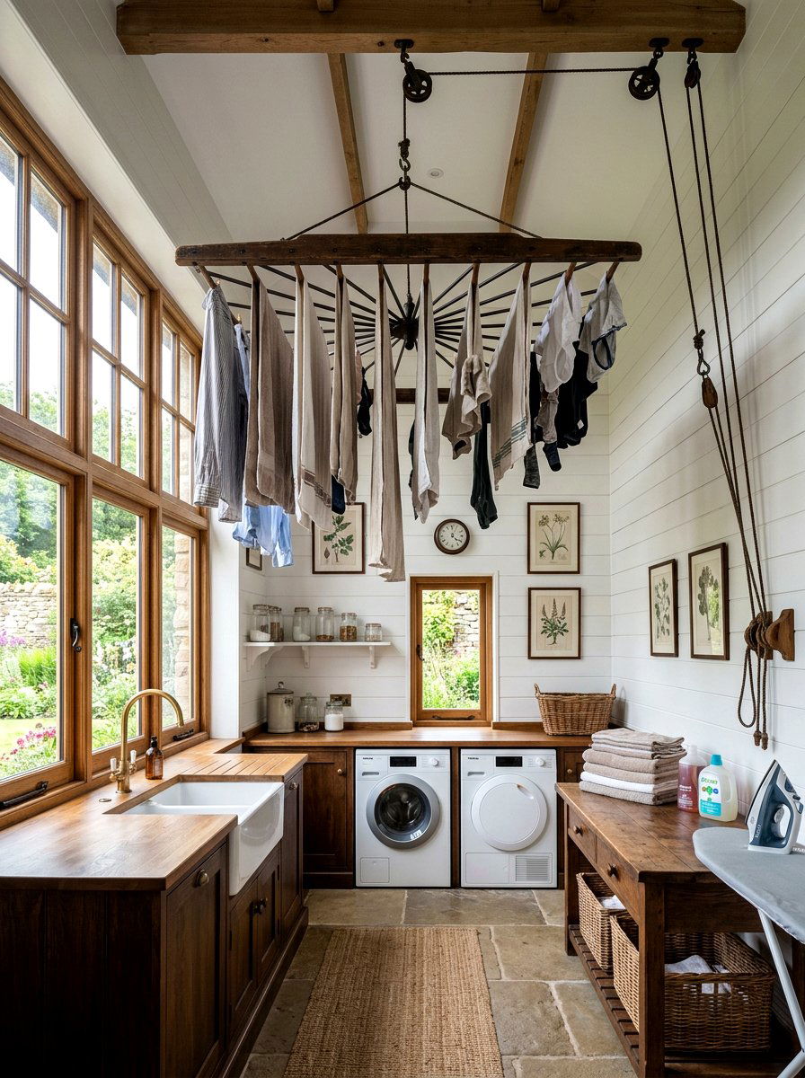 Ceiling Mounted Rack - 30 laundry room shelf ideas