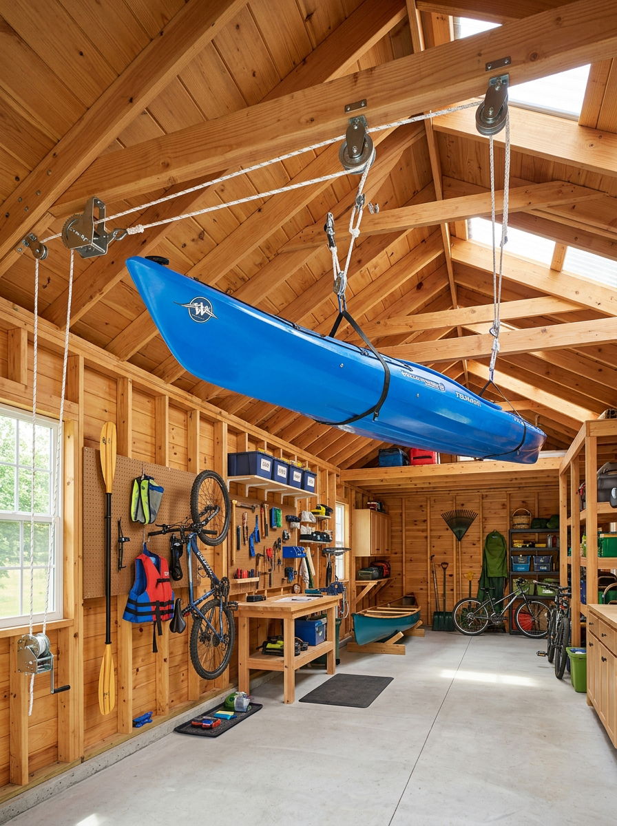 Ceiling Pulley Storage Lift - 30 shed organization ideas