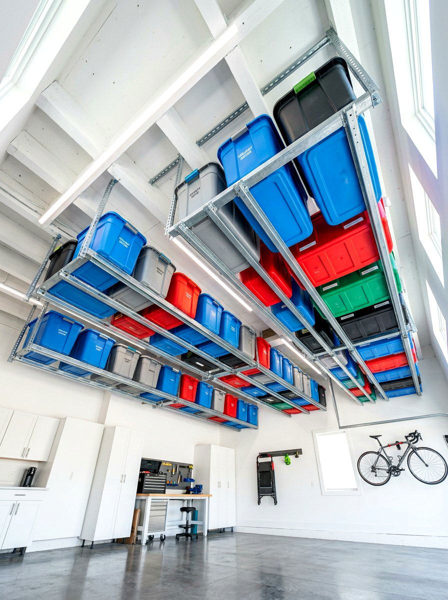 Ceiling Track Storage For Plastic Totes - 30 garage organization for small spaces ideas