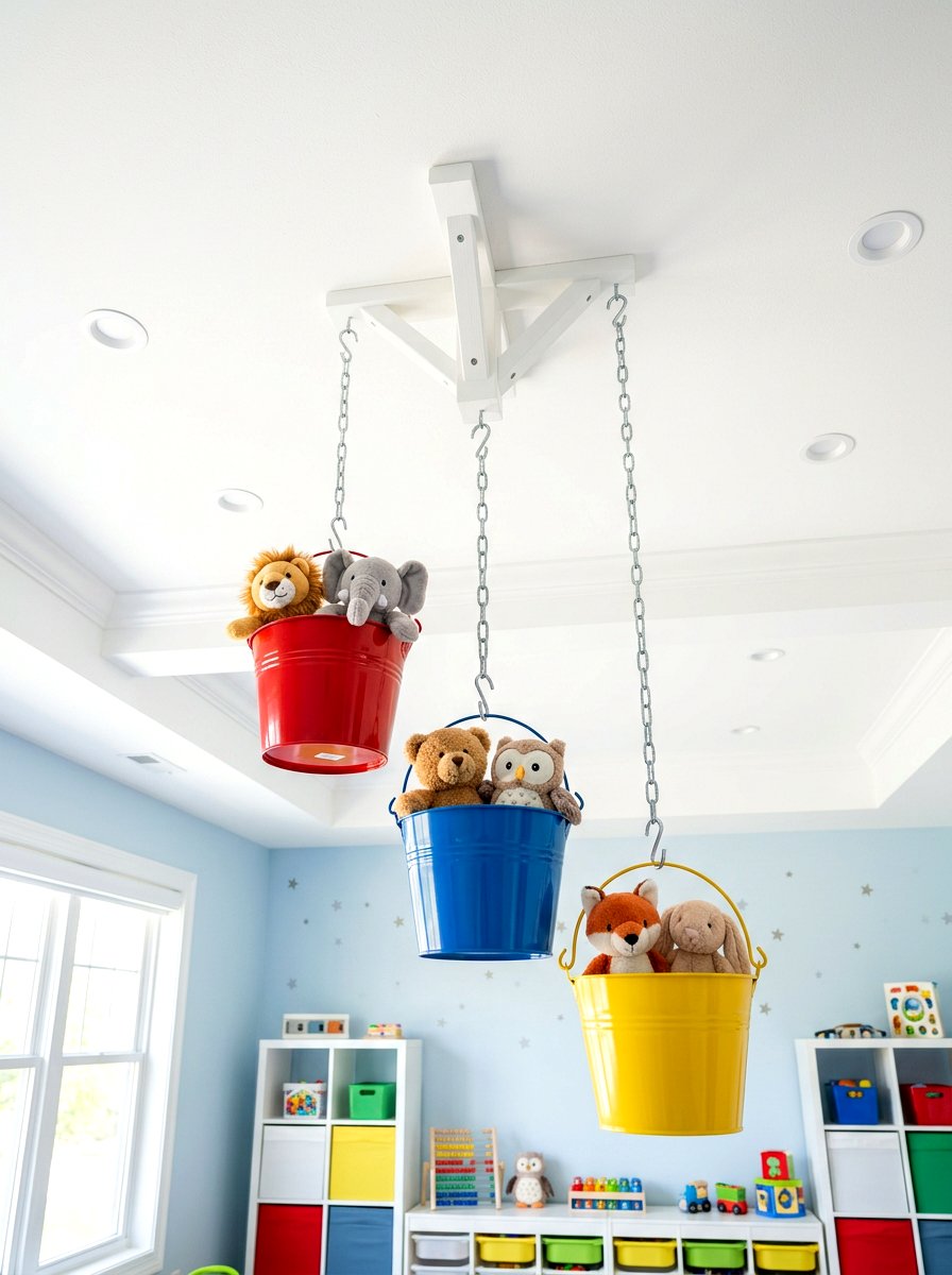 Ceiling hanging bucket - 30 stuffed animal storage ideas