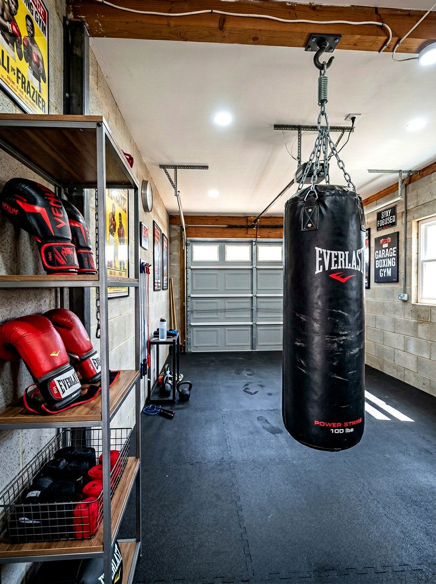 Ceiling heavy bag mount - 30 garage gym ideas
