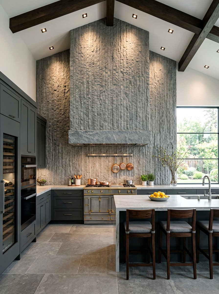 Ceiling height stone hood - 30 stone hood kitchen ideas