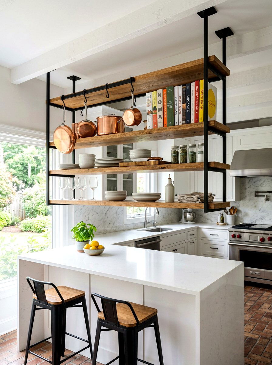 Ceiling hung kitchen shelves - 30 open kitchen shelf ideas