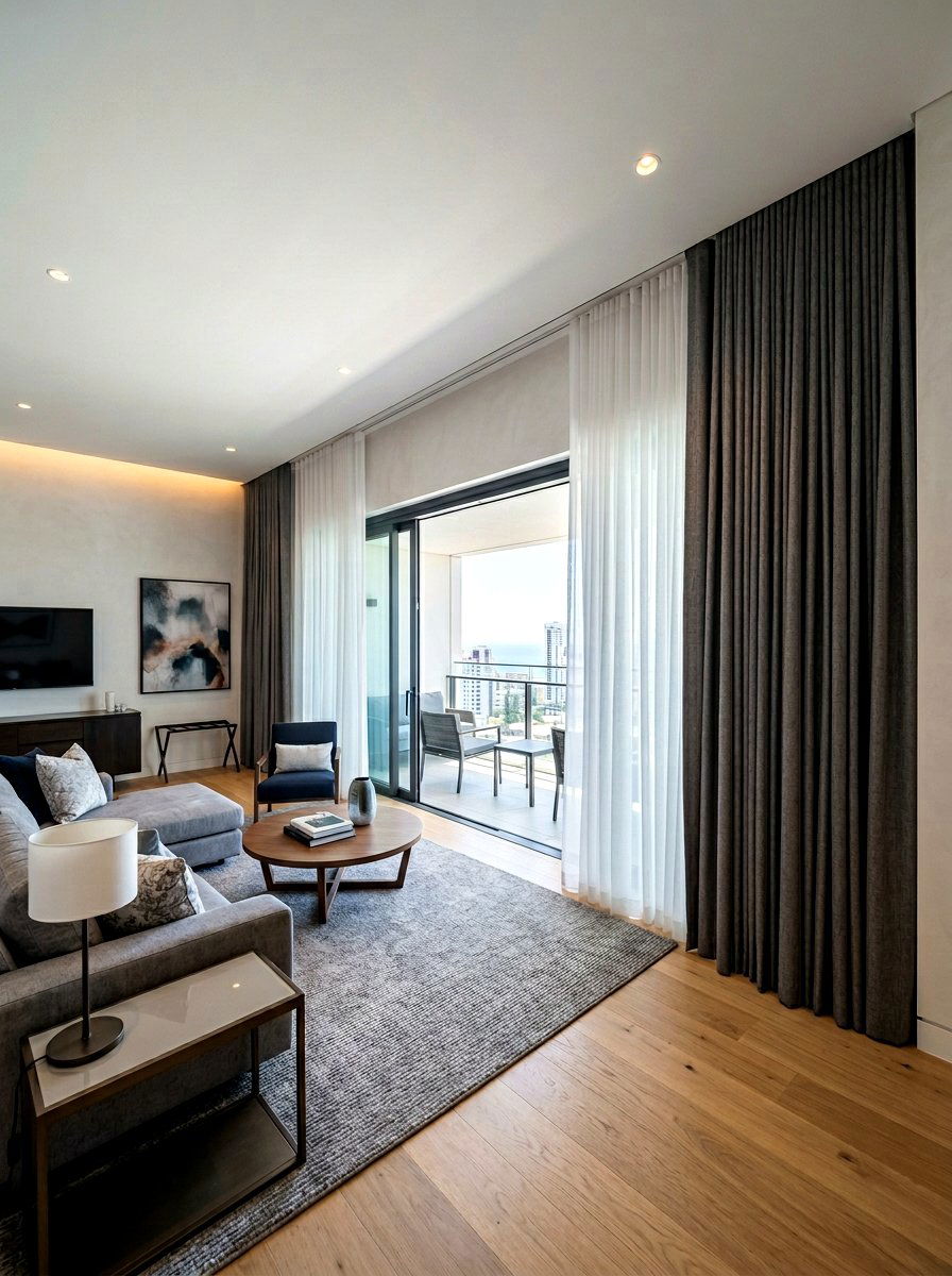 Ceiling mounted double track curtains - 30 bedroom curtain layering ideas