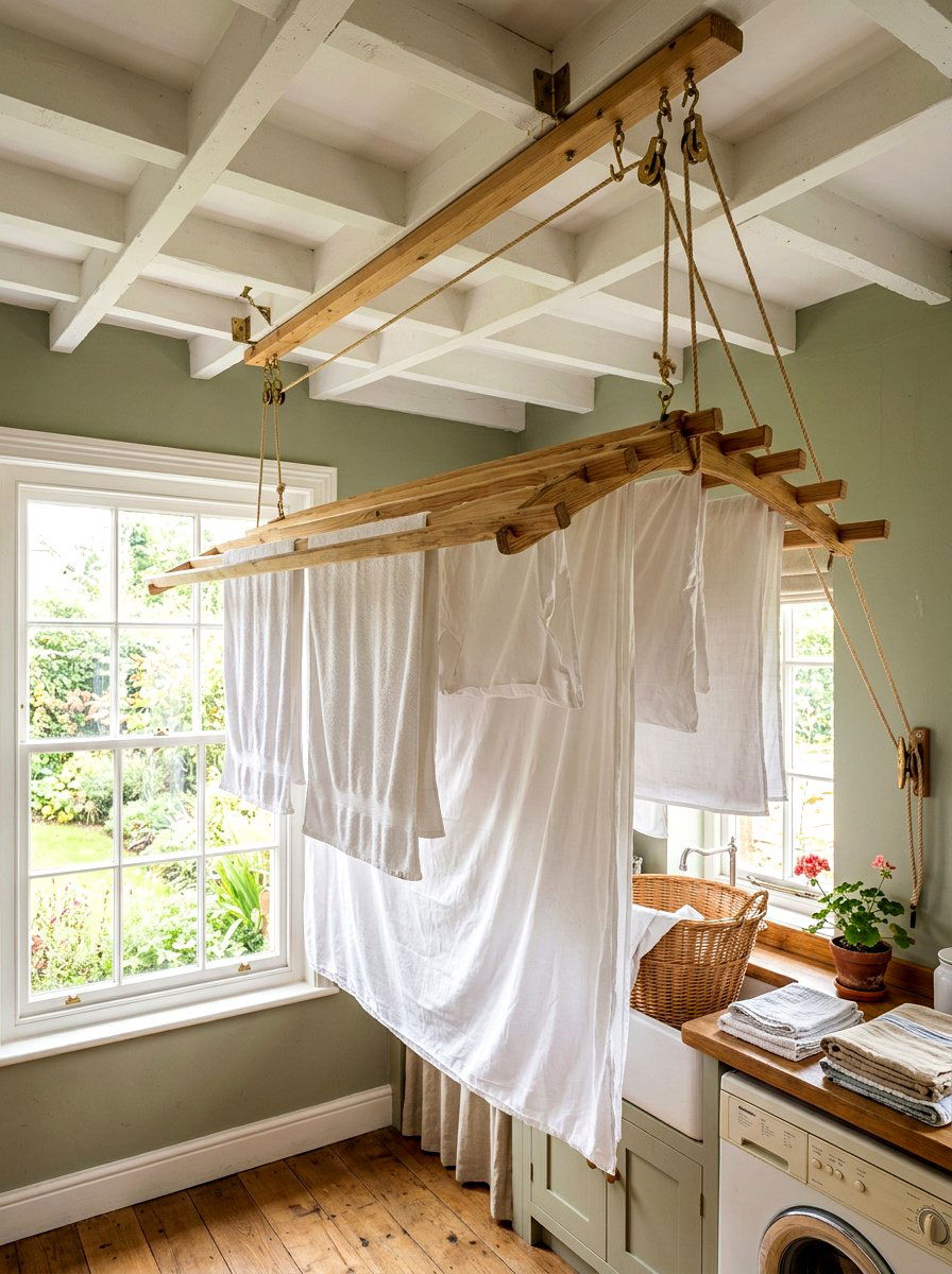 Ceiling mounted drying rack - 30 small laundry room ideas