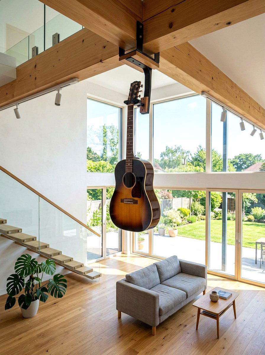 Ceiling mounted guitar hanger - 30 guitar wall display ideas