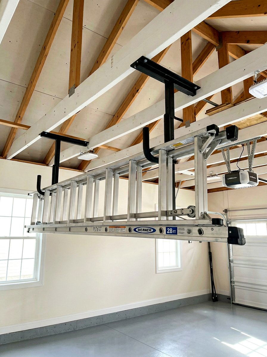 Ceiling mounted ladder rack - 30 garage ceiling storage ideas