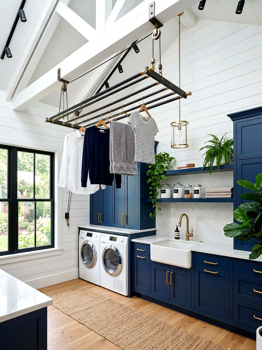 Ceiling mounted laundry hanging bar - 30 laundry room hanging rod ideas