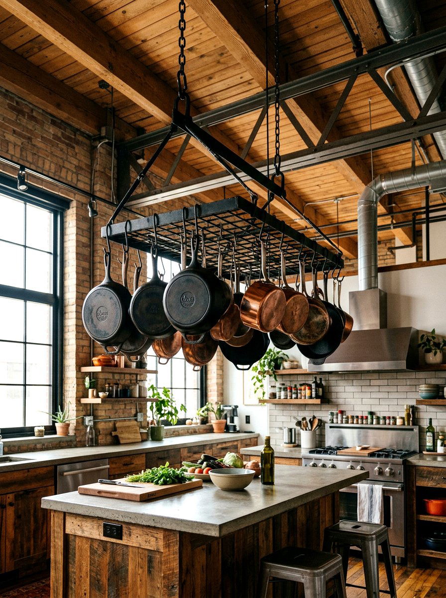 Ceiling mounted pot hanger - 30 apartment kitchen storage ideas