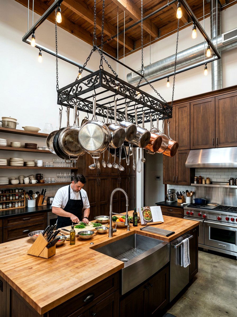 Ceiling pot rack - 30 TikTok kitchen decor ideas