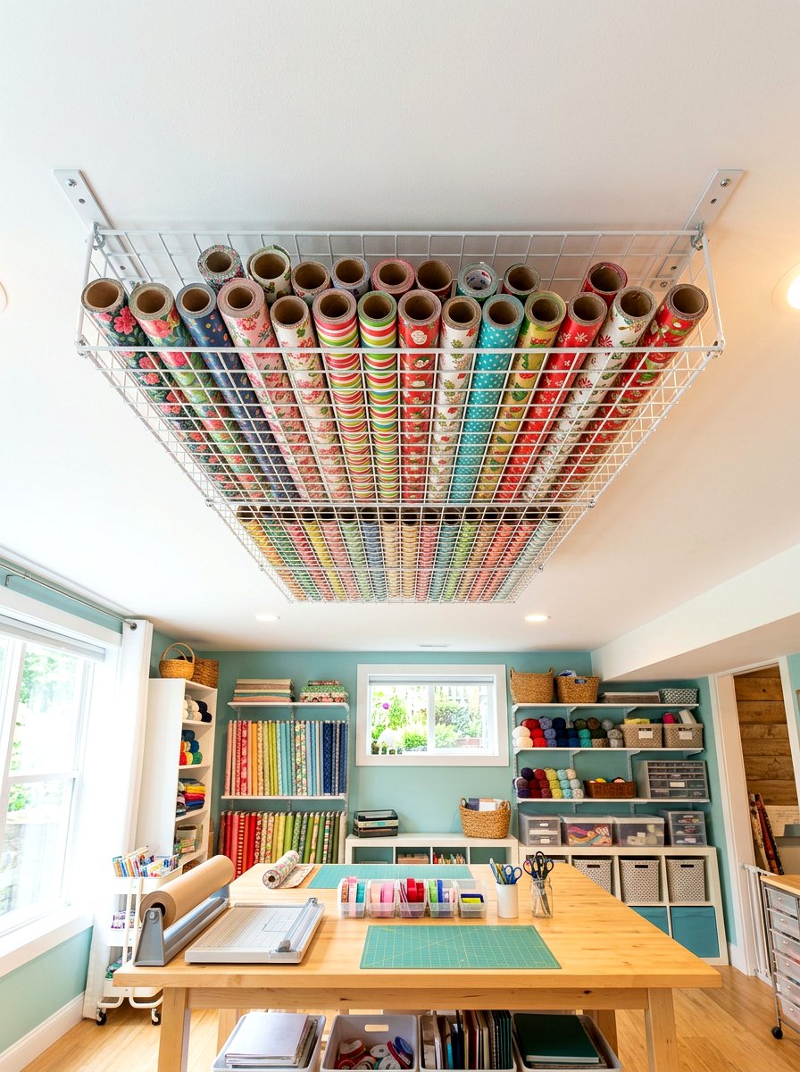 Ceiling wrapping paper rack - 30 wrapping paper storage ideas