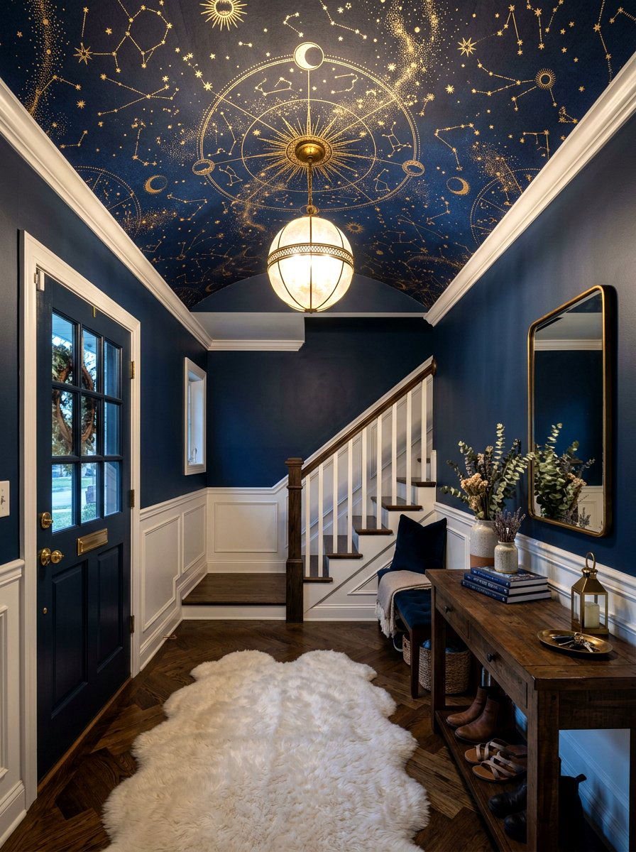 Celestial Starry Night Entryway - 30 wallpapered foyer ceiling ideas