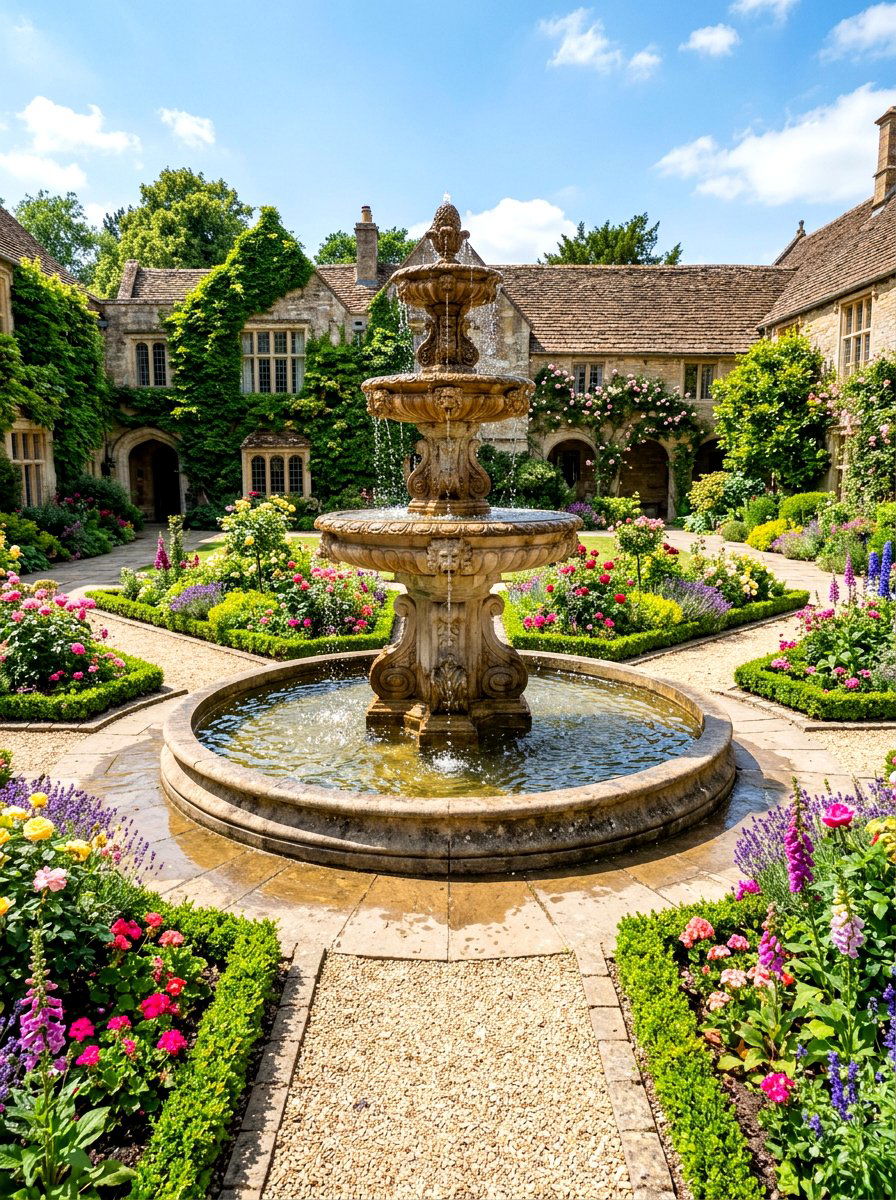 Central Tiered Fountain - 30 cloister garden ideas