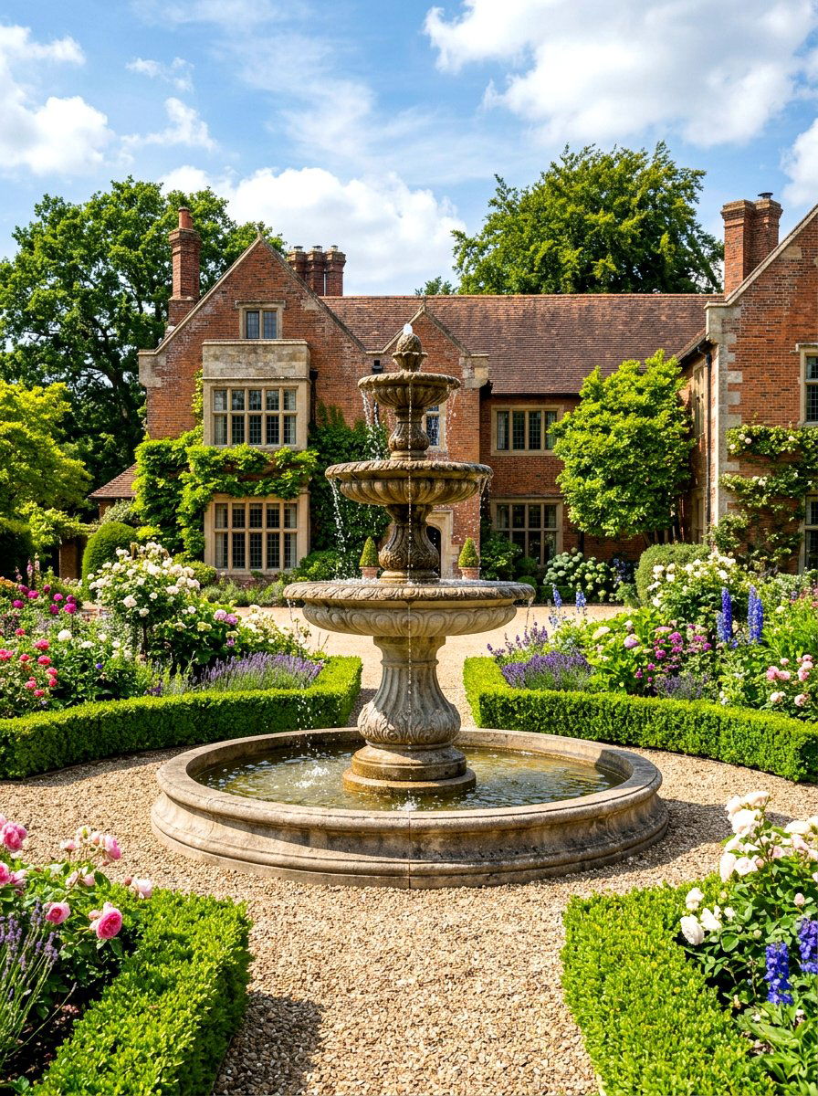 Central stone fountain - 30 formal front garden ideas