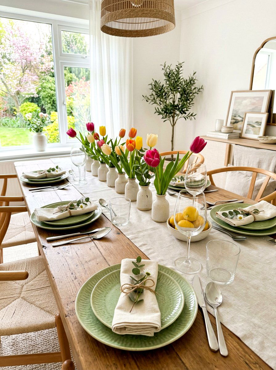 Ceramic Bud Vase Spring Table - 30 layered tablescape dining ideas