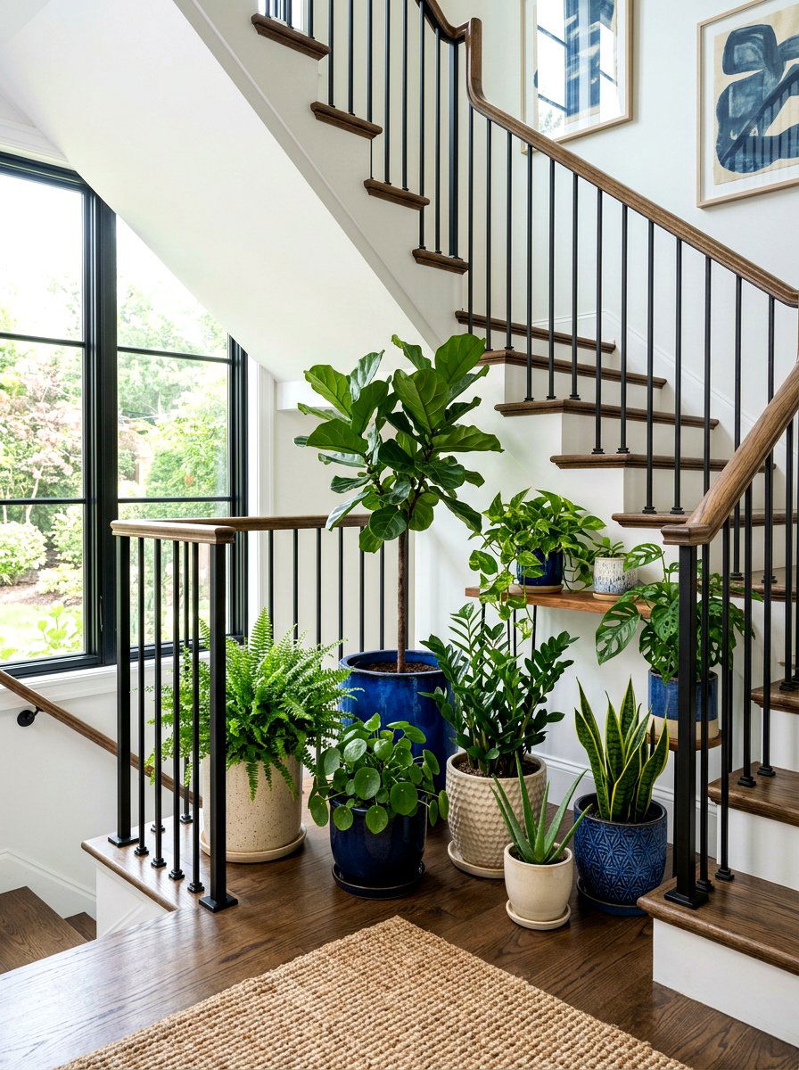 Ceramic Pot Stair Decor - 30 staircase plant corner ideas