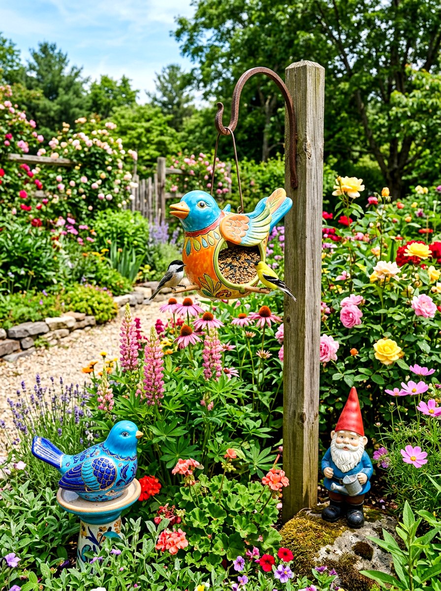 Ceramic bird shaped bird feeder - 30 bird feeder garden ideas