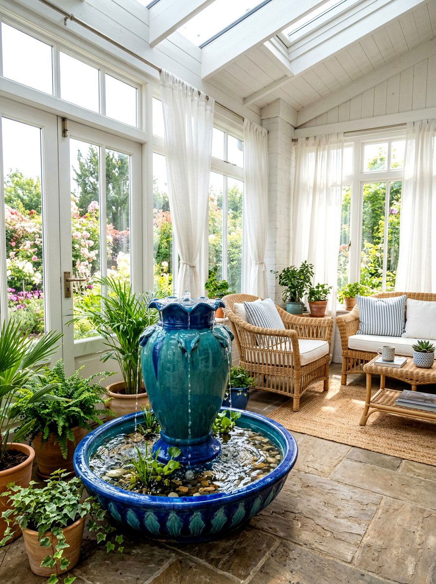 Ceramic blue pottery fountain - 30 indoor fountain decor ideas