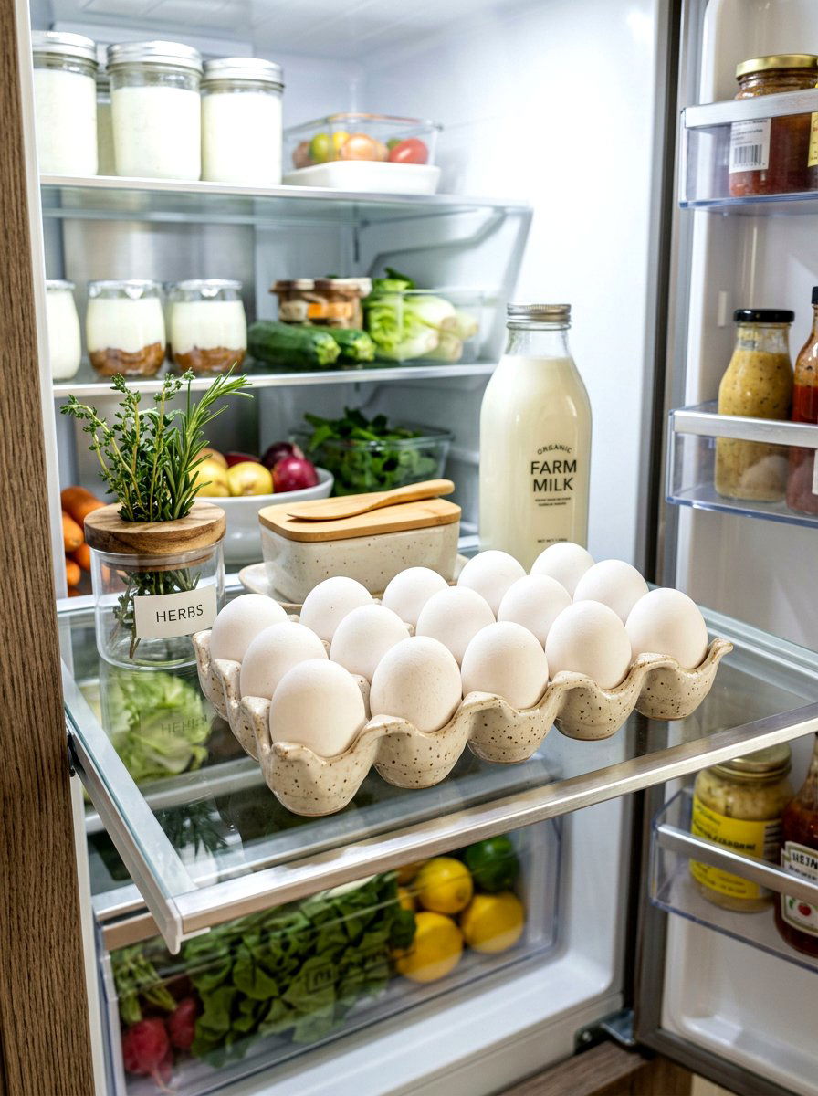 Ceramic egg crate holder - 30 aesthetic fridge organization ideas