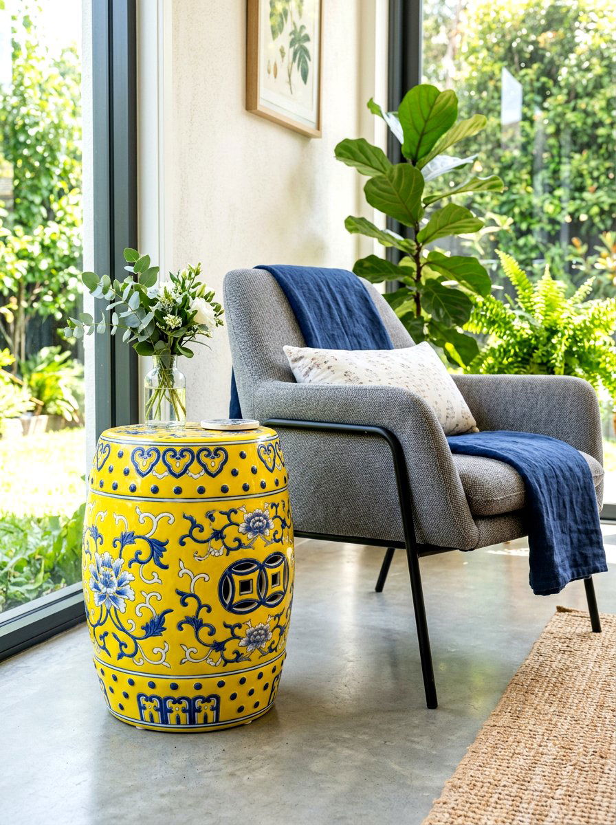 Ceramic garden stool side table - 30 apartment patio entertaining ideas
