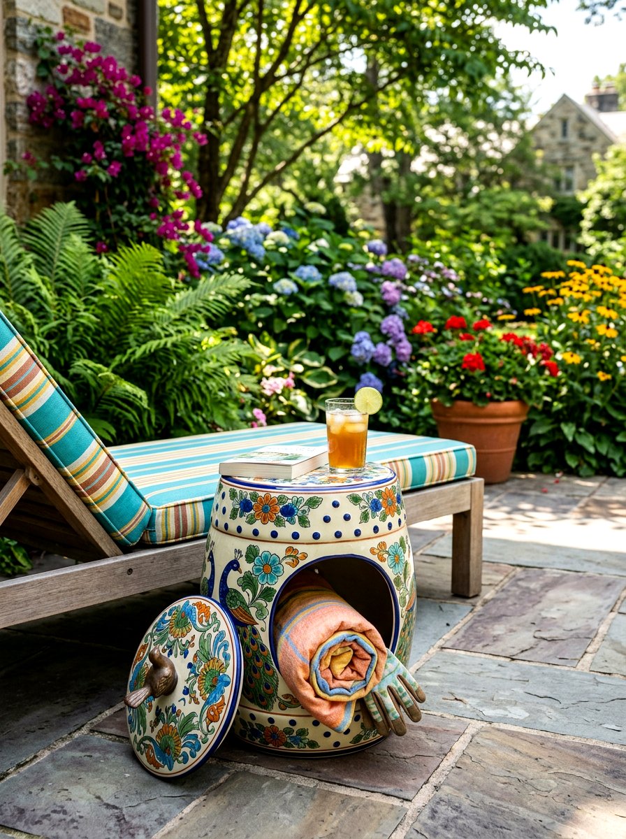 Ceramic garden stool storage - 30 outdoor blanket storage ideas