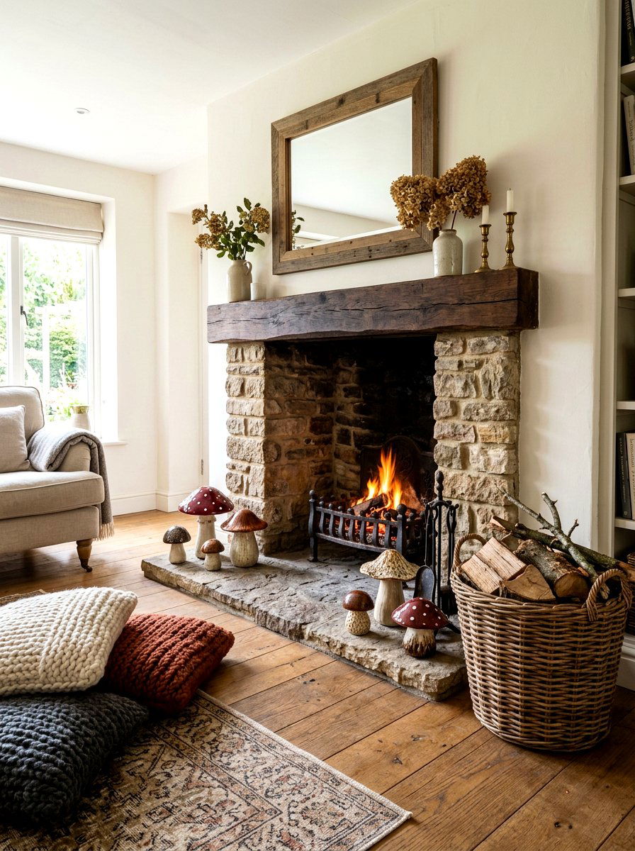 Ceramic mushroom fireplace hearth - 30 mushroom fall decor ideas