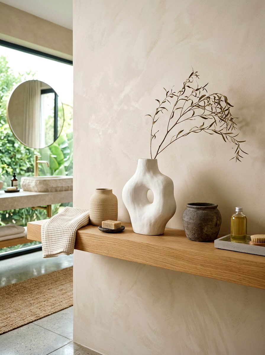 Ceramic sculptural vases - 30 spa shelf styling bathroom ideas
