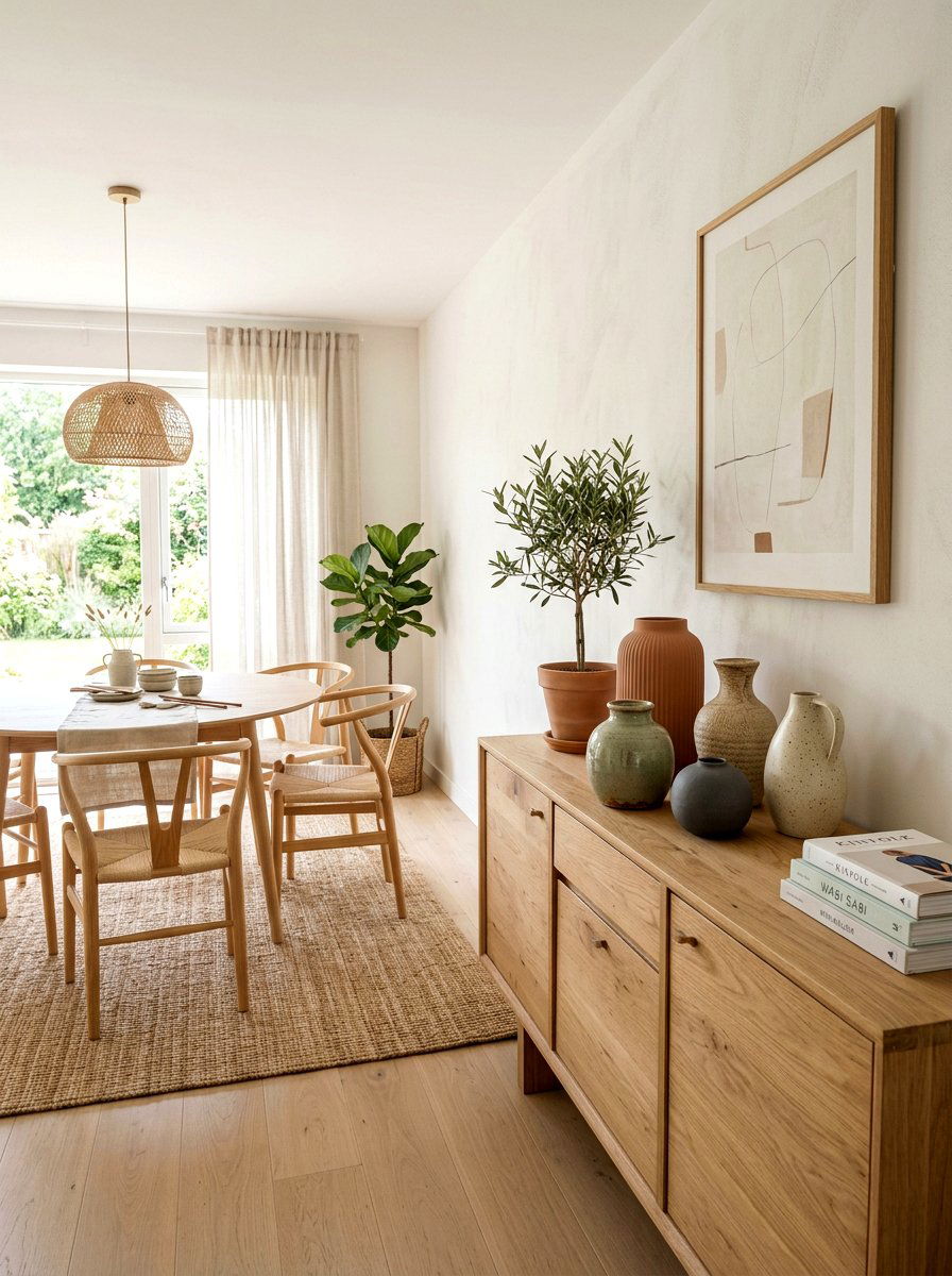 Ceramic vase collection on dining room buffet - 30 dining room sideboard styling ideas