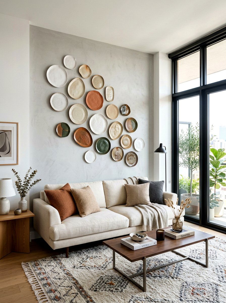 Ceramic wall plates - 30 living room wall decor ideas