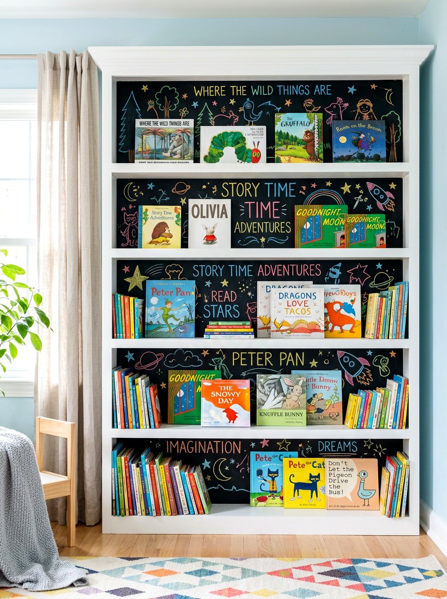 Chalkboard Back Bookcase - 30 playroom bookshelf ideas