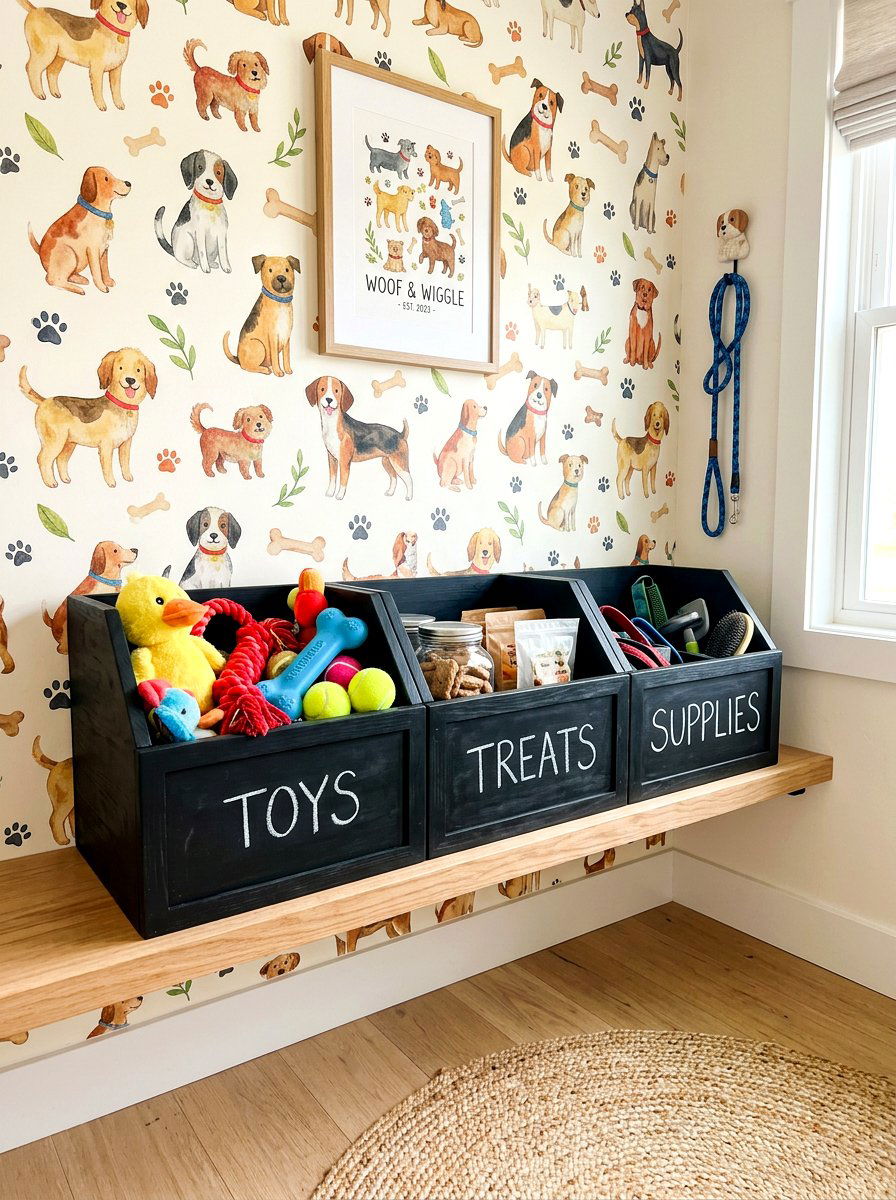 Chalkboard Dog Storage Bin - 30 dog room storage ideas