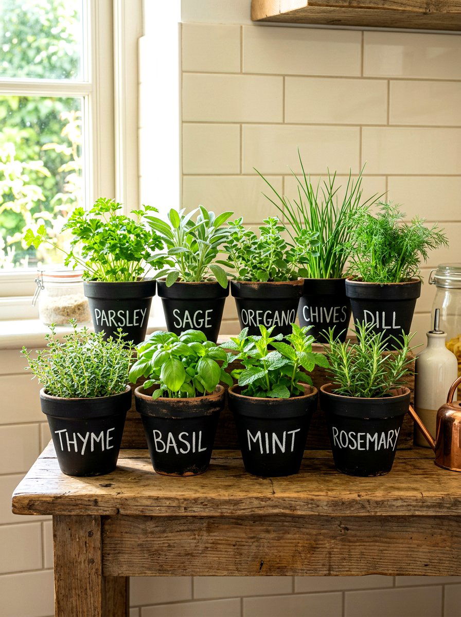 Chalkboard Labeled Herb Pot - 30 herb garden corner ideas
