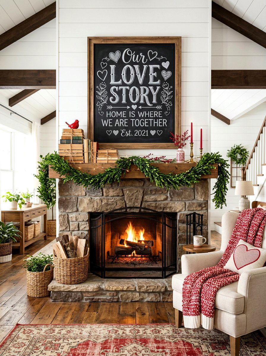 Chalkboard Love Letter Farmhouse Mantel - 30 Valentine mantel ideas