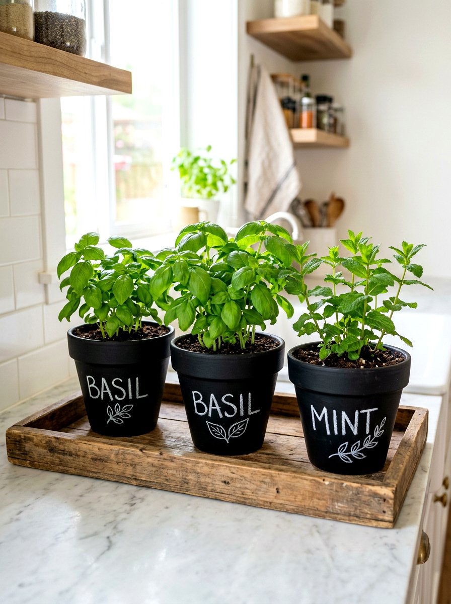 Chalkboard Painted Herb Pots - 30 small herb garden ideas