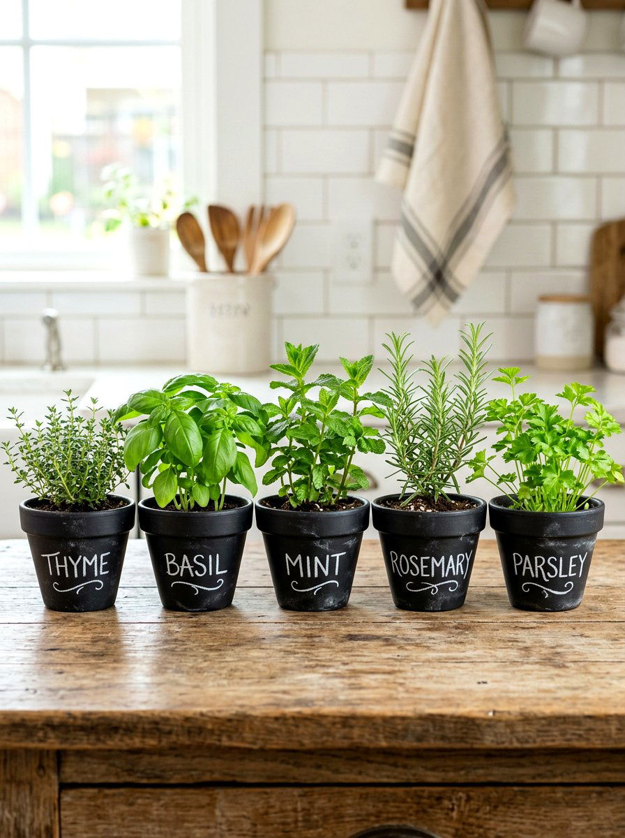 Chalkboard Painted Herb Pots - 30 rustic herb garden ideas