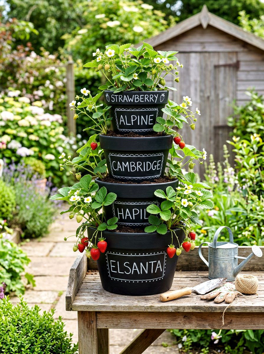 Chalkboard Painted Tiered Pot - 30 strawberry tower ideas