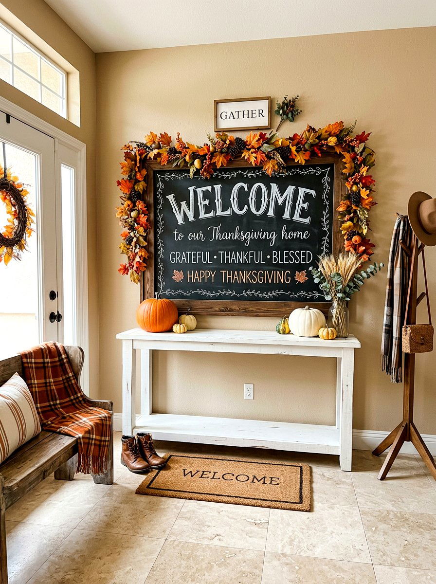 Chalkboard Sign Thanksgiving Entryway - 30 Thanksgiving entry table ideas