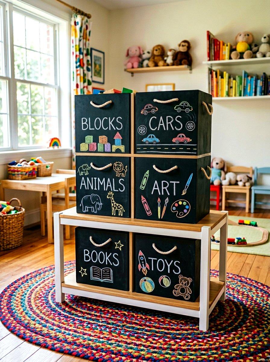 Chalkboard Storage Boxes - 30 toddler bedroom storage ideas