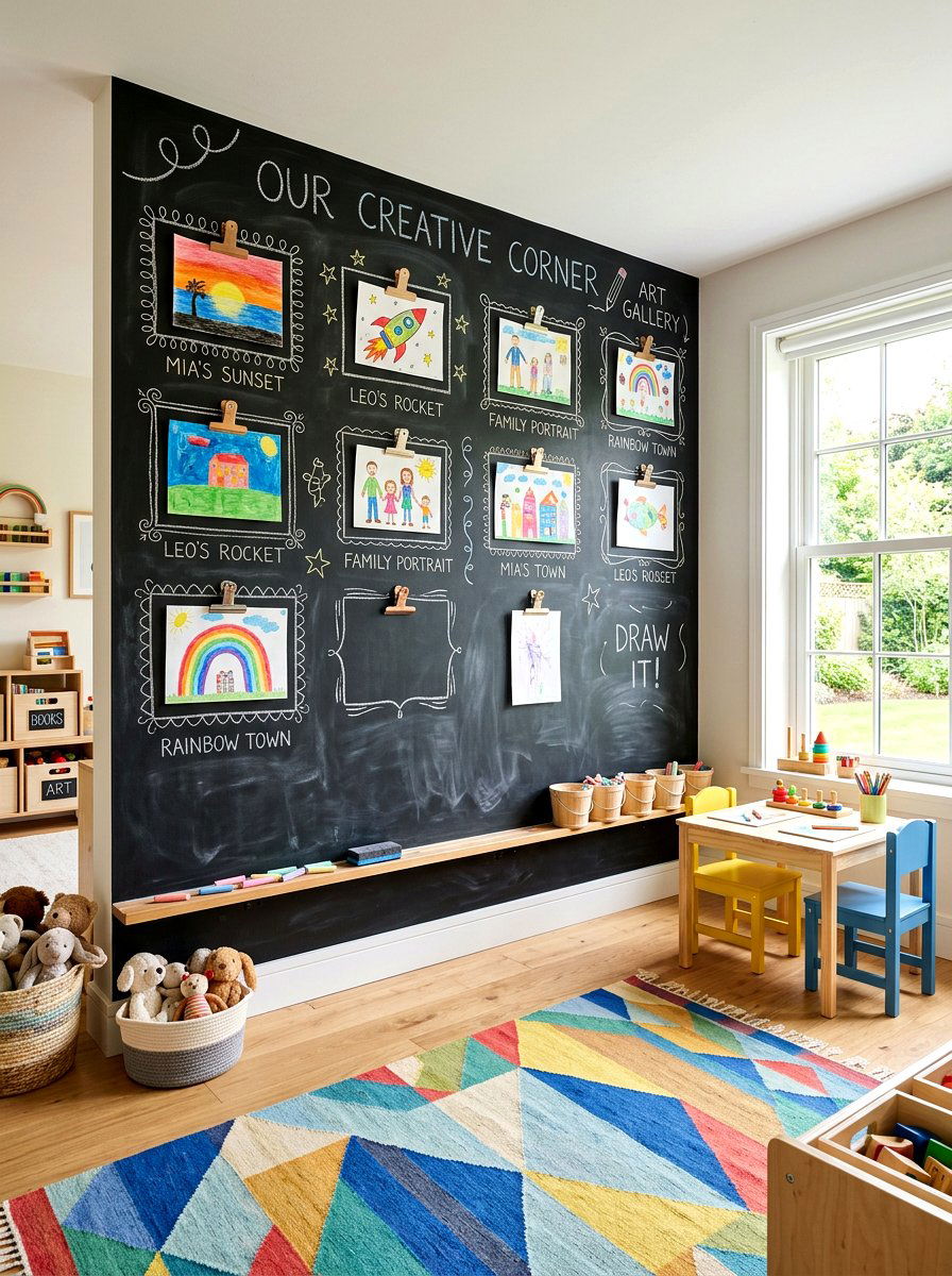 Chalkboard Wall With Clips - 30 kids art display ideas