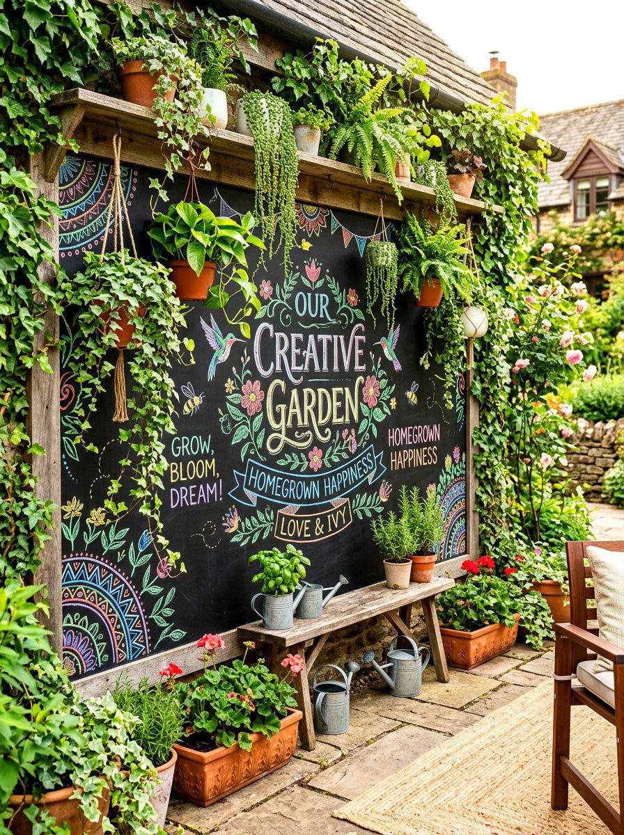 Chalkboard Wall With Hanging Plants - 30 vertical garden privacy wall ideas