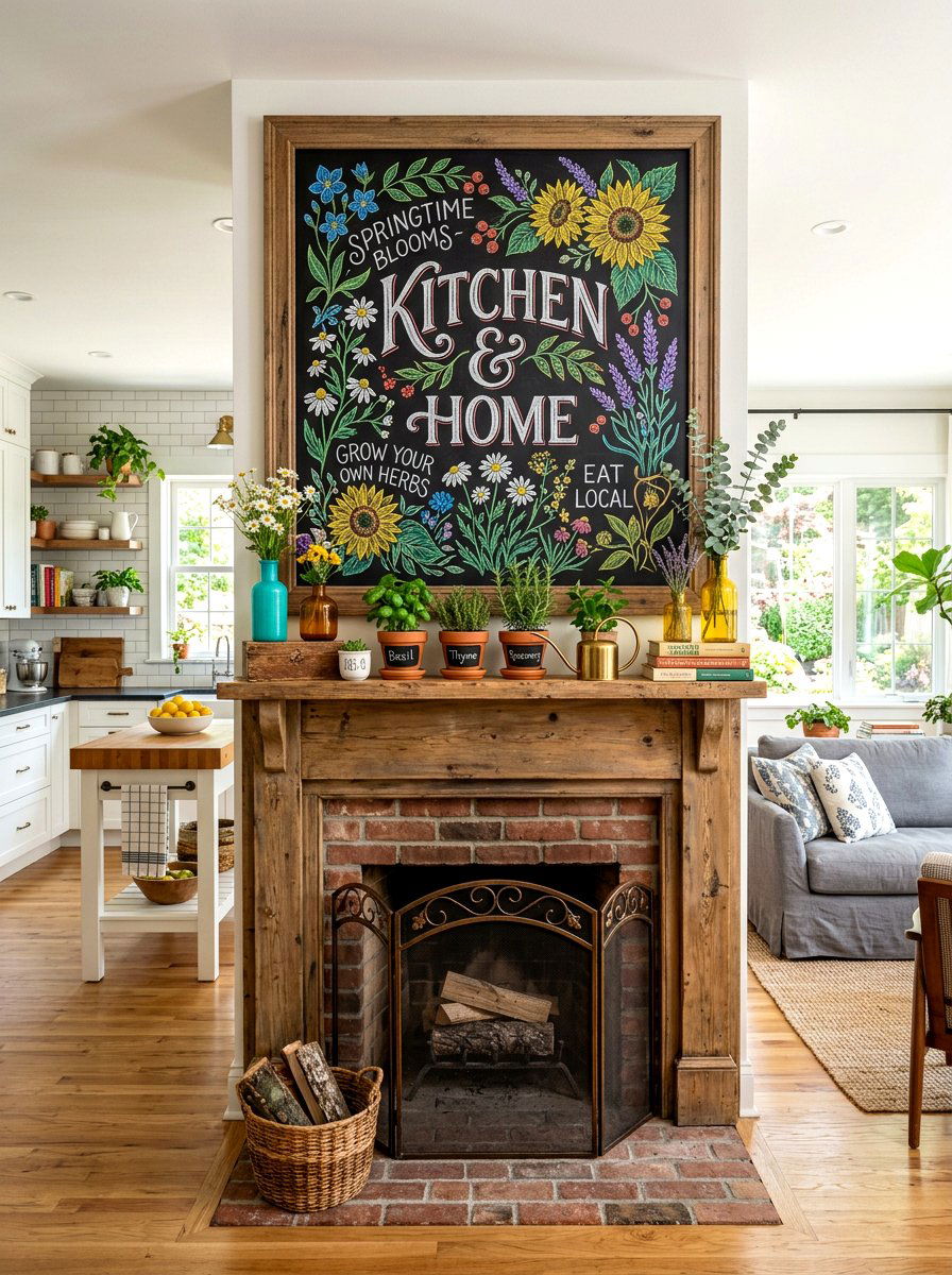 Chalkboard art mantel - 30 spring mantel decor ideas