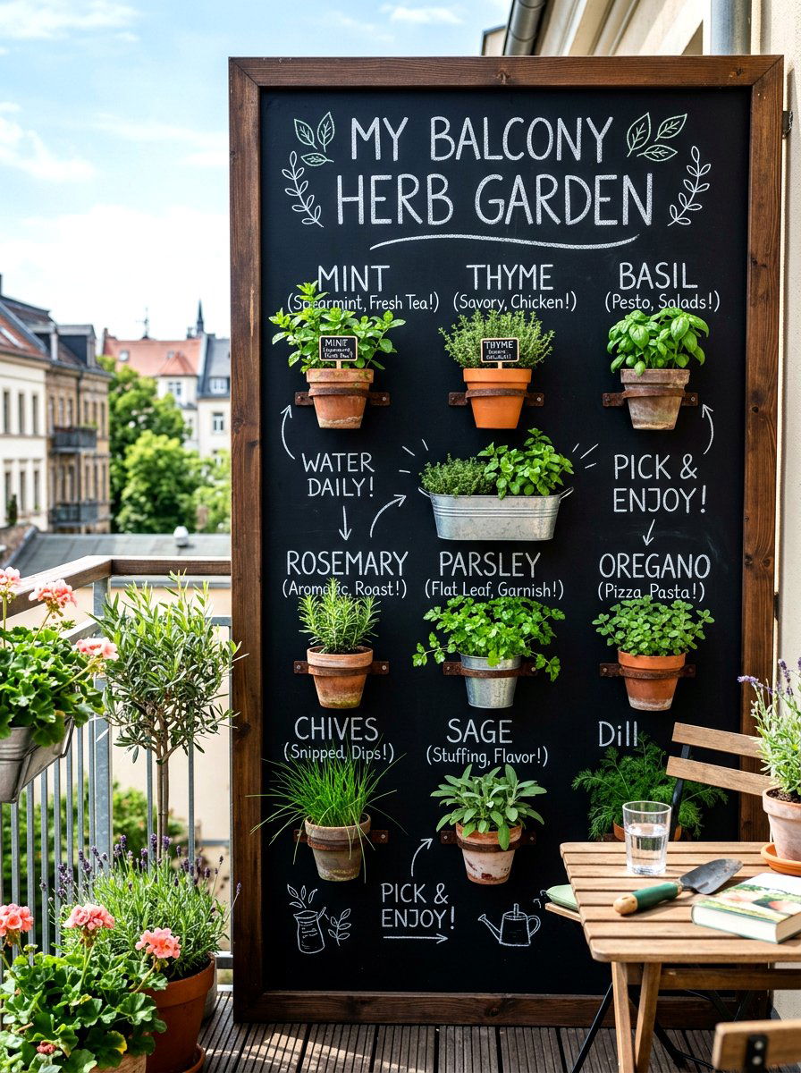 Chalkboard herb garden wall - 30 balcony planter wall ideas