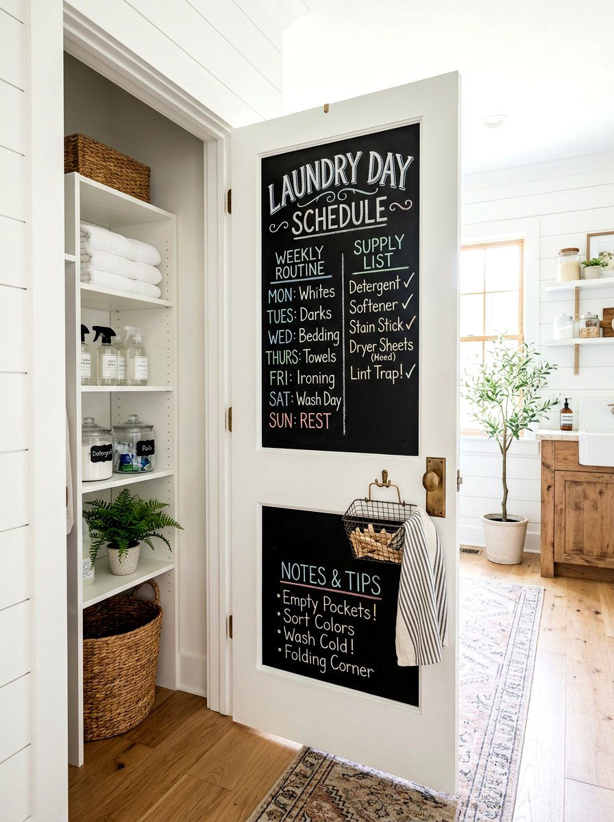 Chalkboard laundry door - 30 organizing a laundry closet ideas